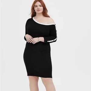 Torrid Black and White Long Sleeve Button Off The Shoulder Sweater Dress